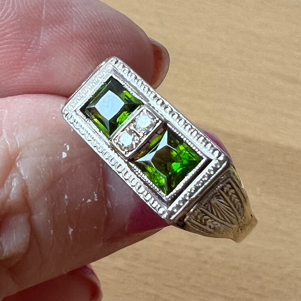 VINTAGE ART DECO 14K YELLOW WHITE GOLD GREEN TOURMALINE DIAMONDS BAND RING AS IS